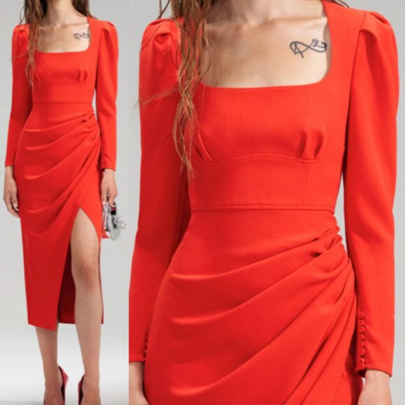 NWT Self portrait Red Crepe Ruched Midi Dress UK 4 US 0